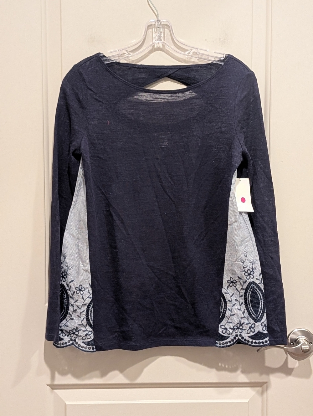 Caslon Long Sleeve Navy Women's Sheer Top with Embroidered Side Panels